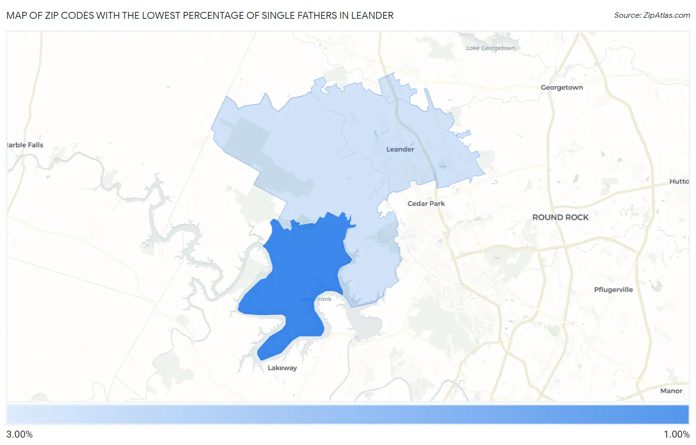 Zip Codes with the Lowest Percentage of Single Fathers in Leander Map
