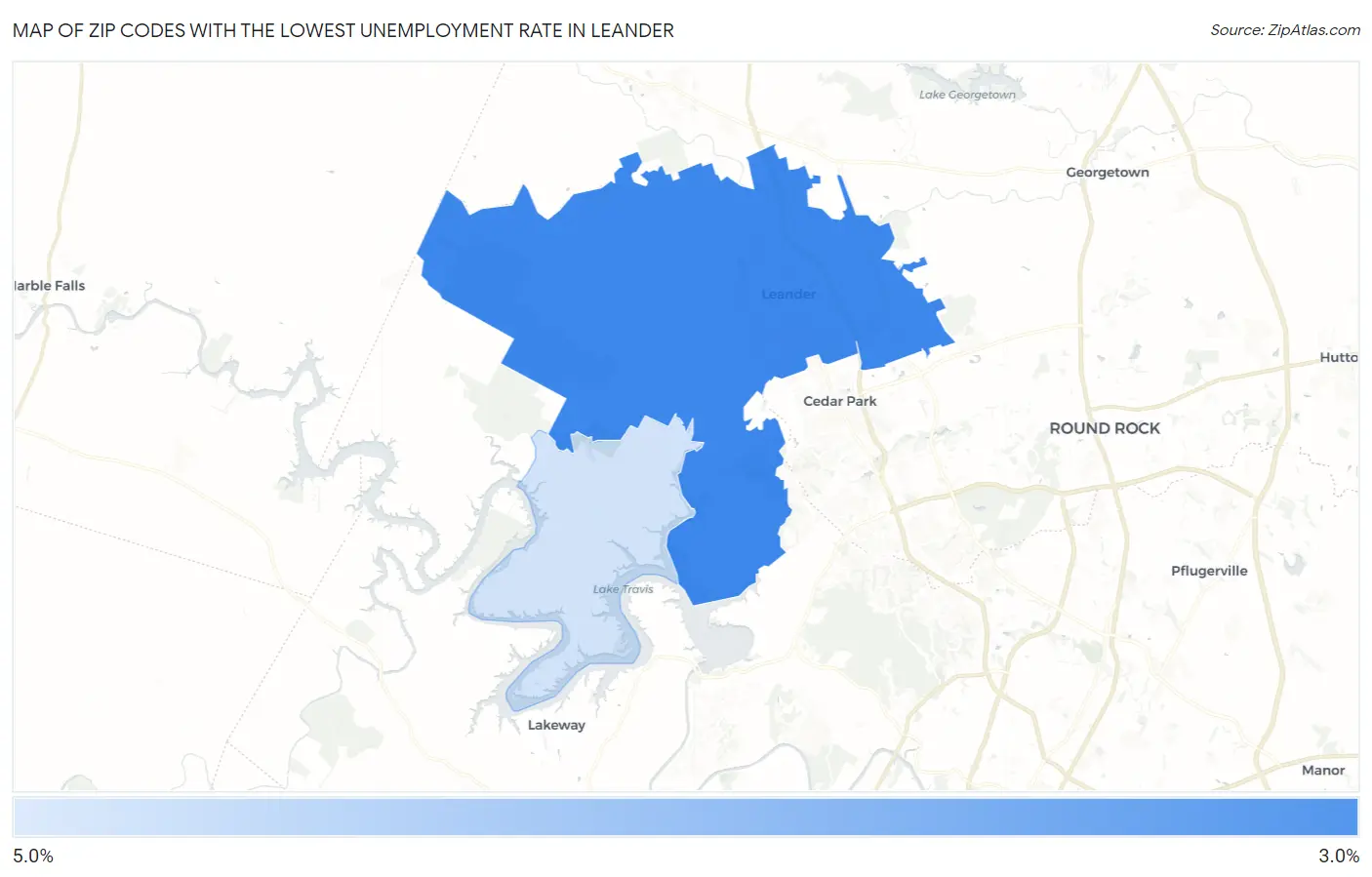 Zip Codes with the Lowest Unemployment Rate in Leander Map