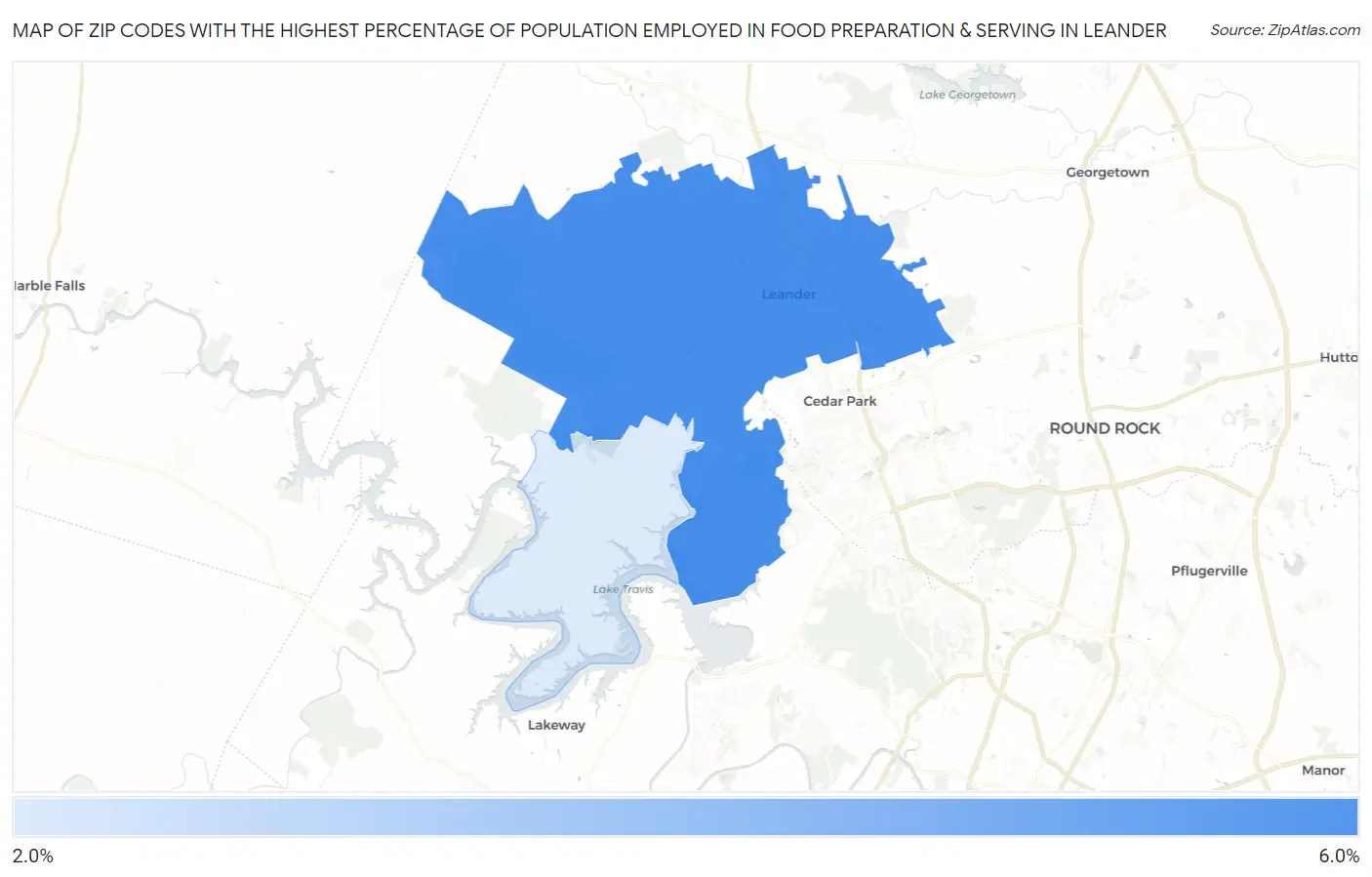 Zip Codes with the Highest Percentage of Population Employed in Food Preparation & Serving in Leander Map