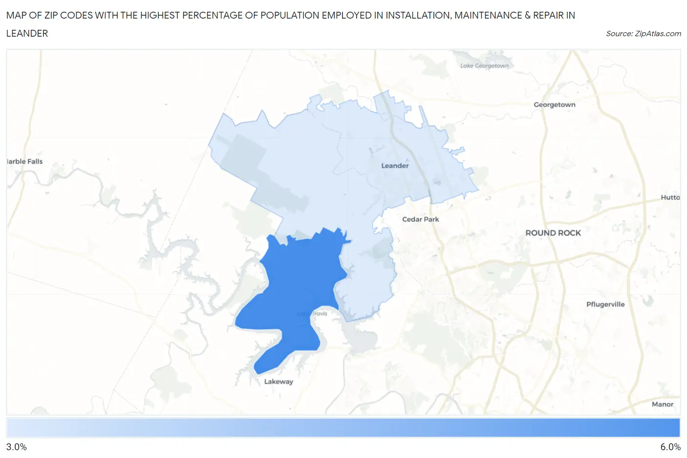 Zip Codes with the Highest Percentage of Population Employed in Installation, Maintenance & Repair in Leander Map