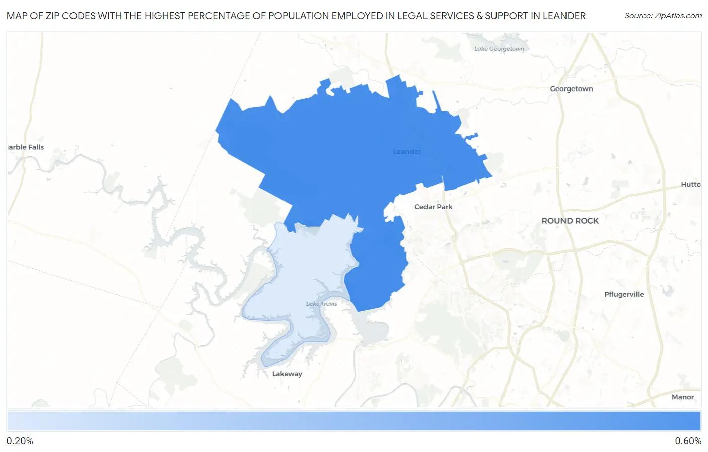 Zip Codes with the Highest Percentage of Population Employed in Legal Services & Support in Leander Map