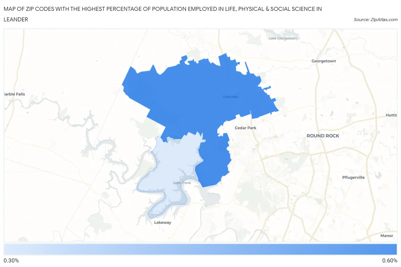 Zip Codes with the Highest Percentage of Population Employed in Life, Physical & Social Science in Leander Map