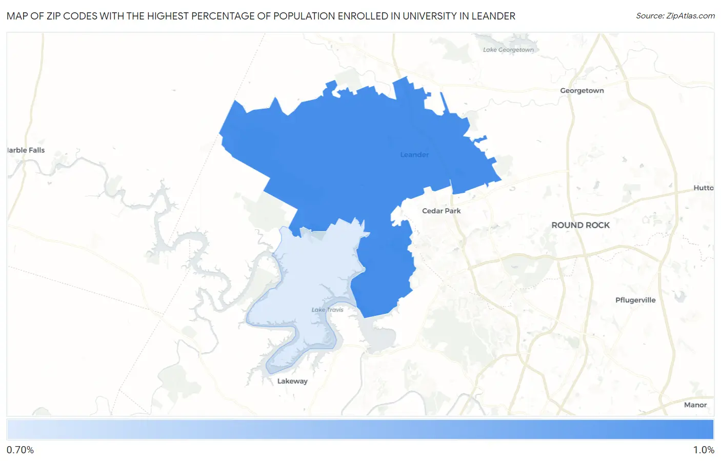 Zip Codes with the Highest Percentage of Population Enrolled in University in Leander Map