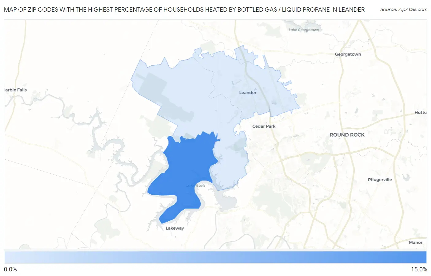 Zip Codes with the Highest Percentage of Households Heated by Bottled Gas / Liquid Propane in Leander Map