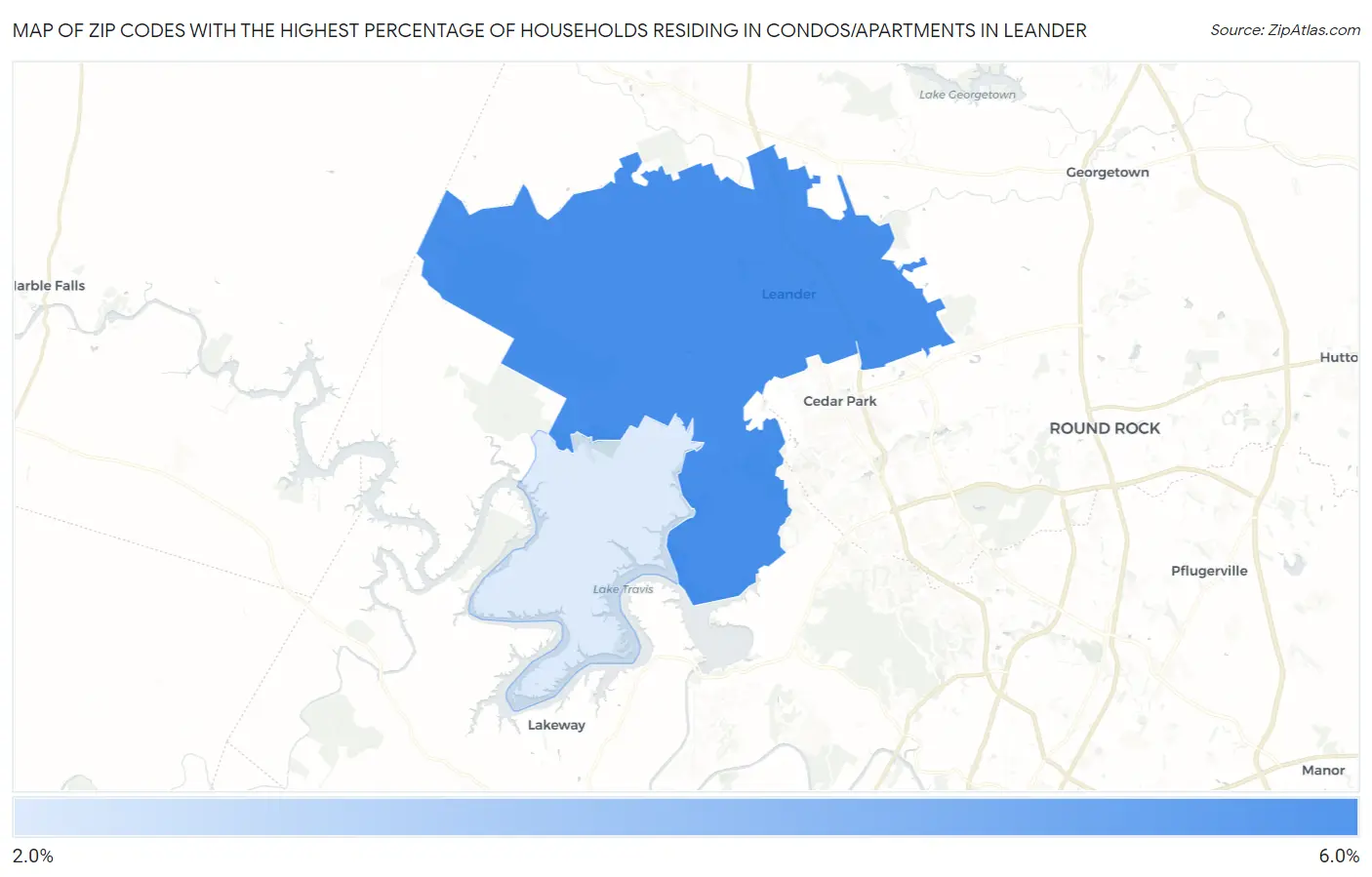 Zip Codes with the Highest Percentage of Households Residing in Condos/Apartments in Leander Map