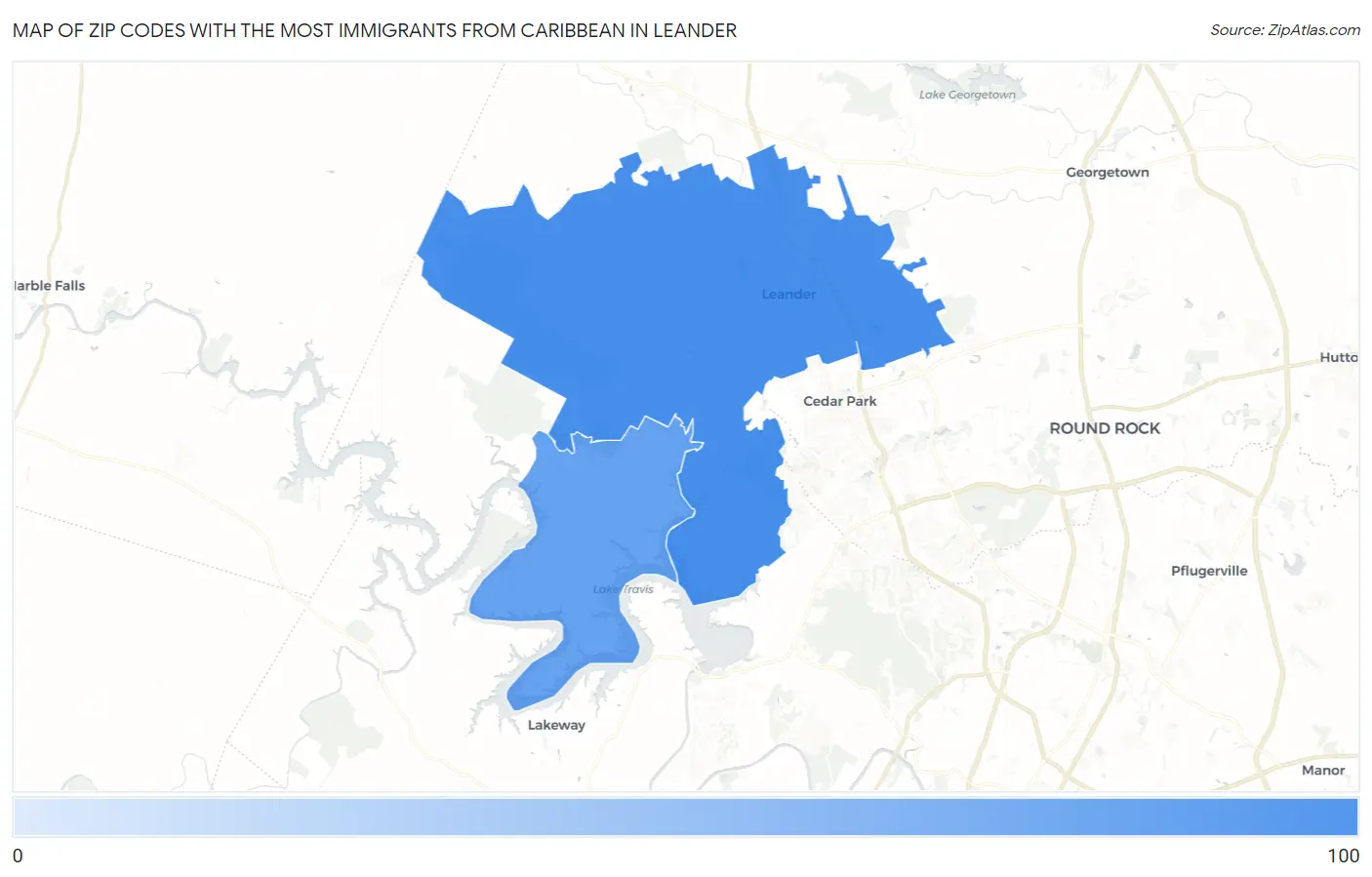 Zip Codes with the Most Immigrants from Caribbean in Leander Map