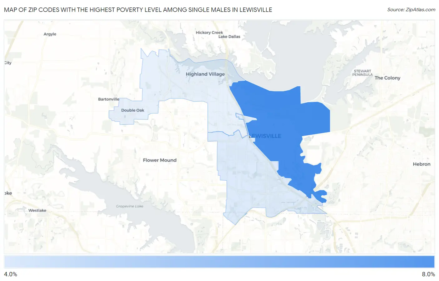 Zip Codes with the Highest Poverty Level Among Single Males in Lewisville Map