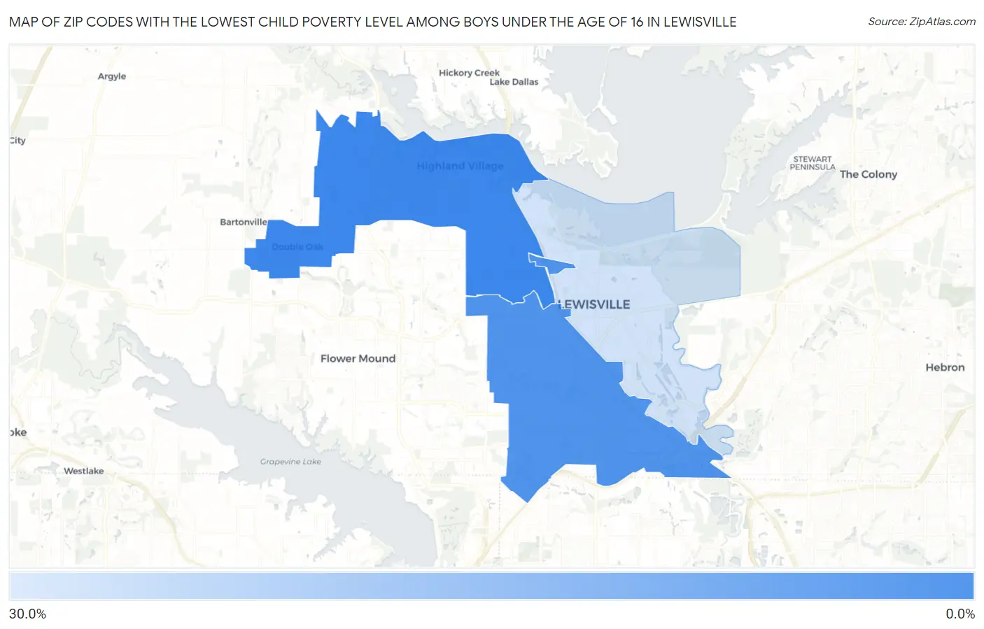 Zip Codes with the Lowest Child Poverty Level Among Boys Under the Age of 16 in Lewisville Map