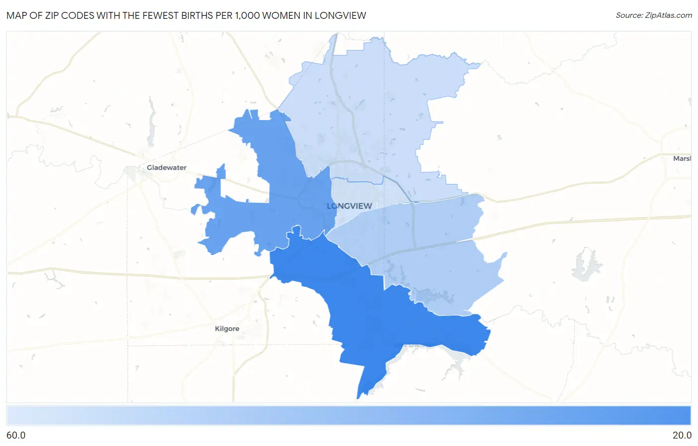 Zip Codes with the Fewest Births per 1,000 Women in Longview Map