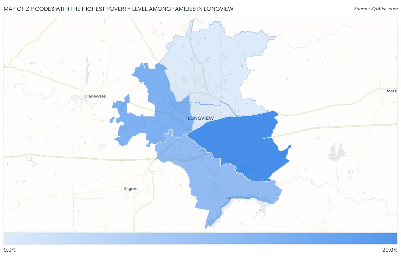 Zip Codes with the Highest Poverty Level Among Families in Longview Map