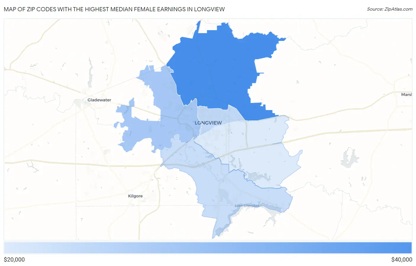 Zip Codes with the Highest Median Female Earnings in Longview Map