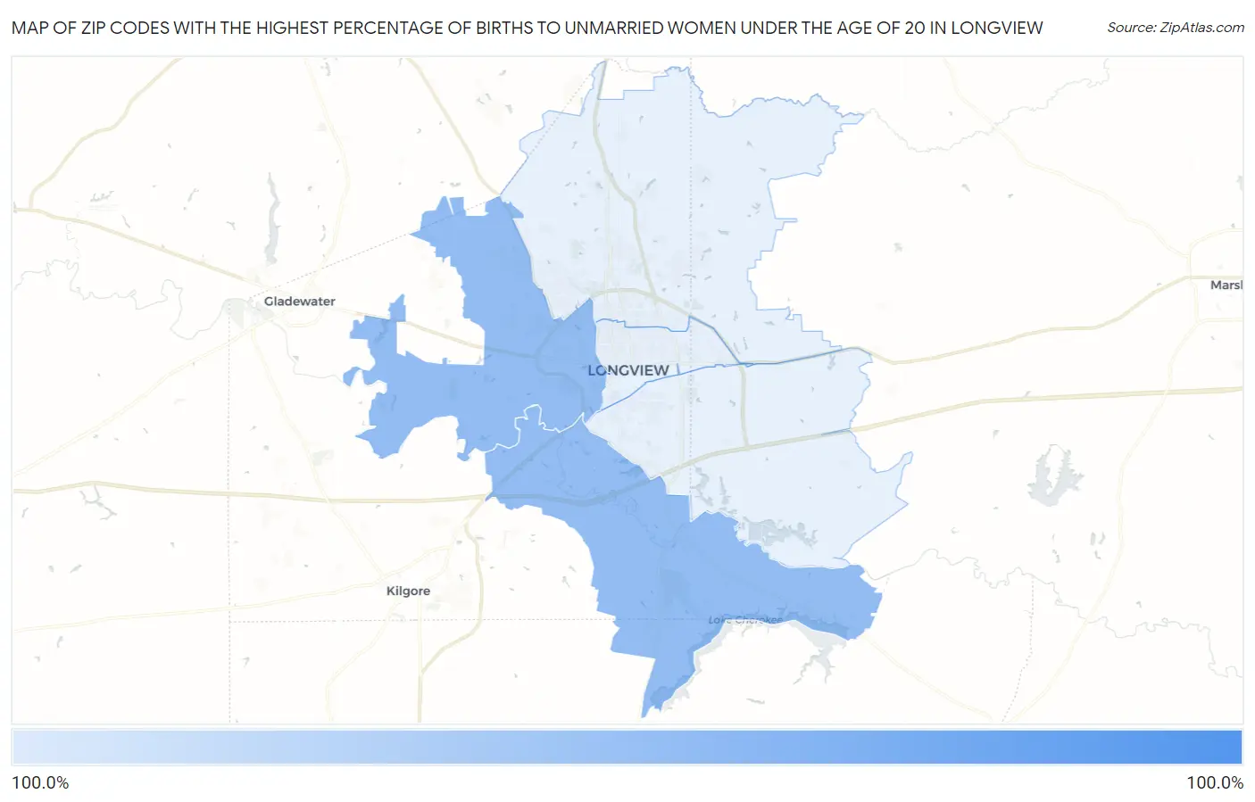 Zip Codes with the Highest Percentage of Births to Unmarried Women under the Age of 20 in Longview Map
