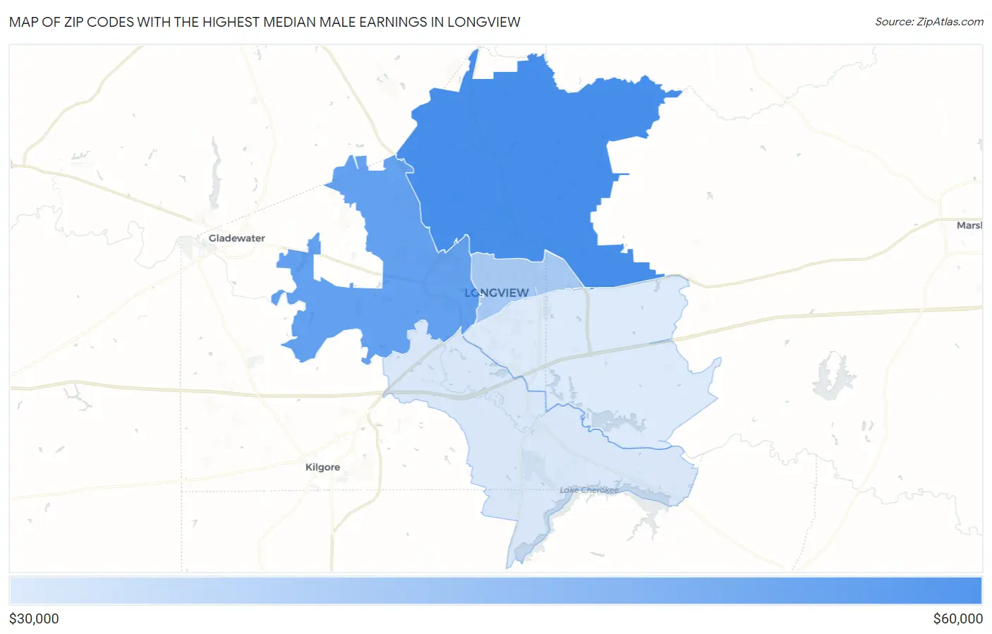 Zip Codes with the Highest Median Male Earnings in Longview Map
