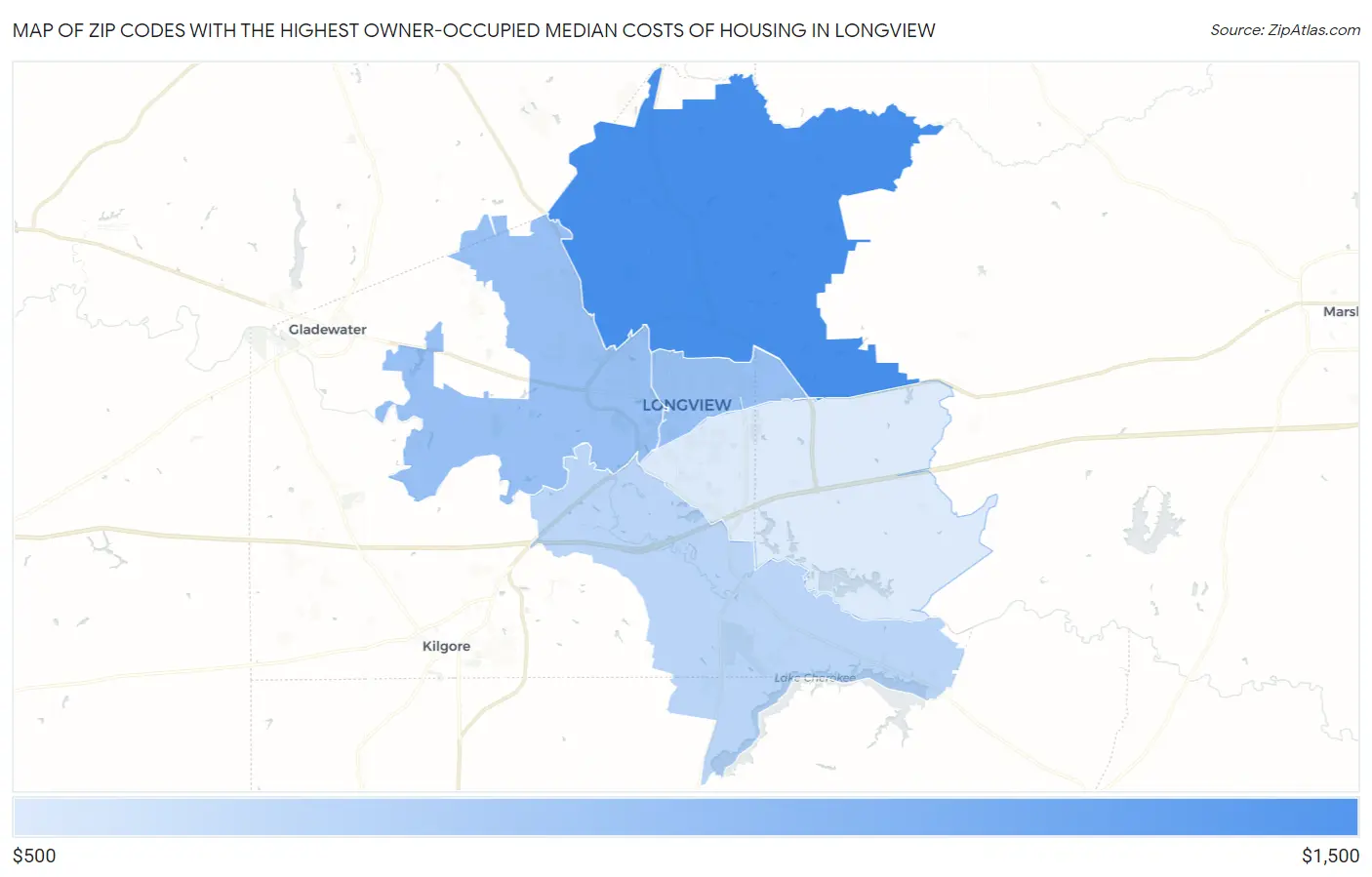 Zip Codes with the Highest Owner-Occupied Median Costs of Housing in Longview Map