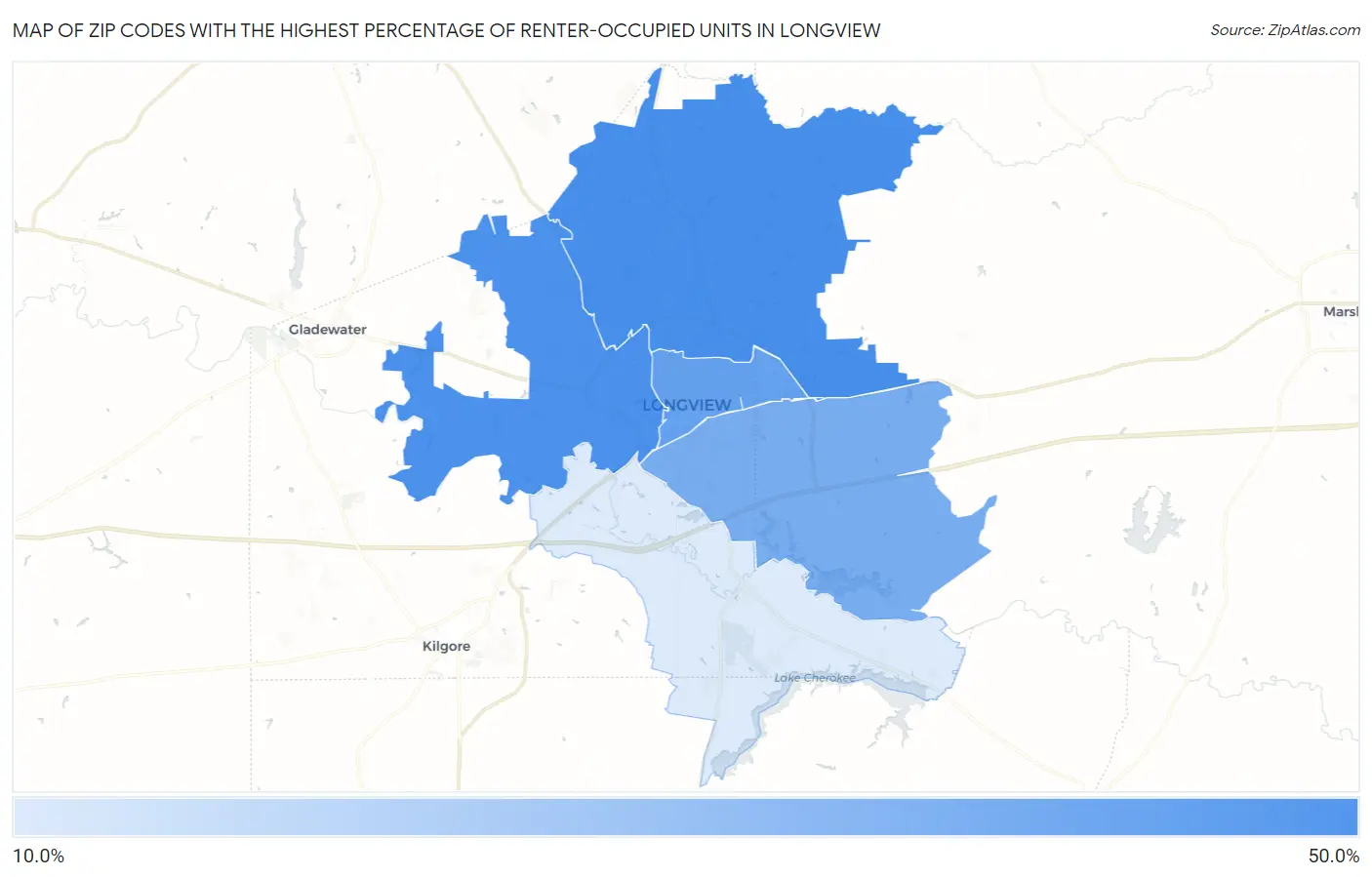 Zip Codes with the Highest Percentage of Renter-Occupied Units in Longview Map