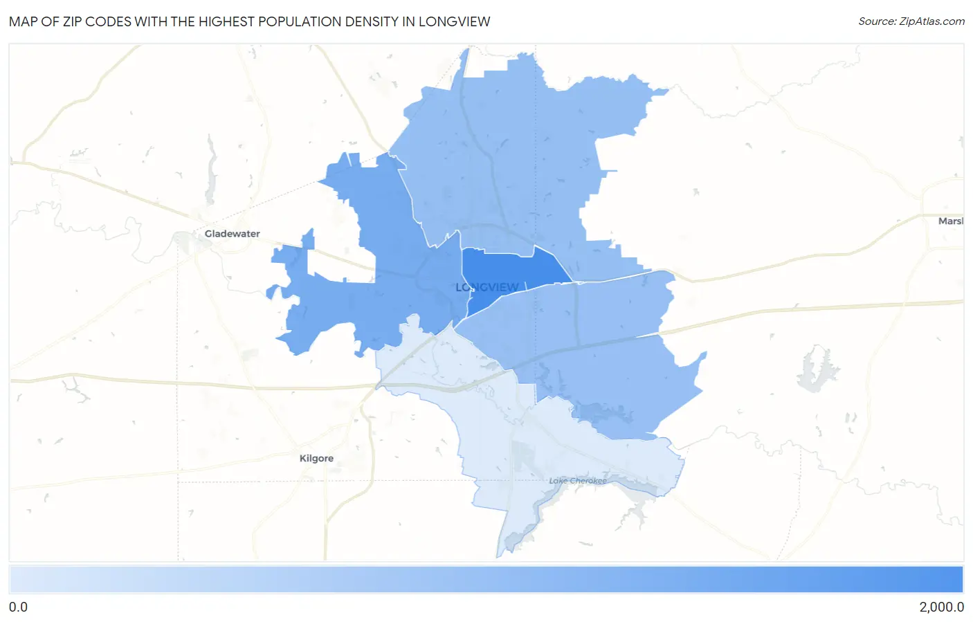Zip Codes with the Highest Population Density in Longview Map