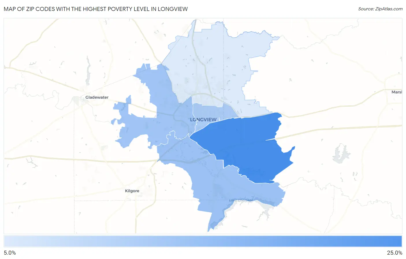 Zip Codes with the Highest Poverty Level in Longview Map