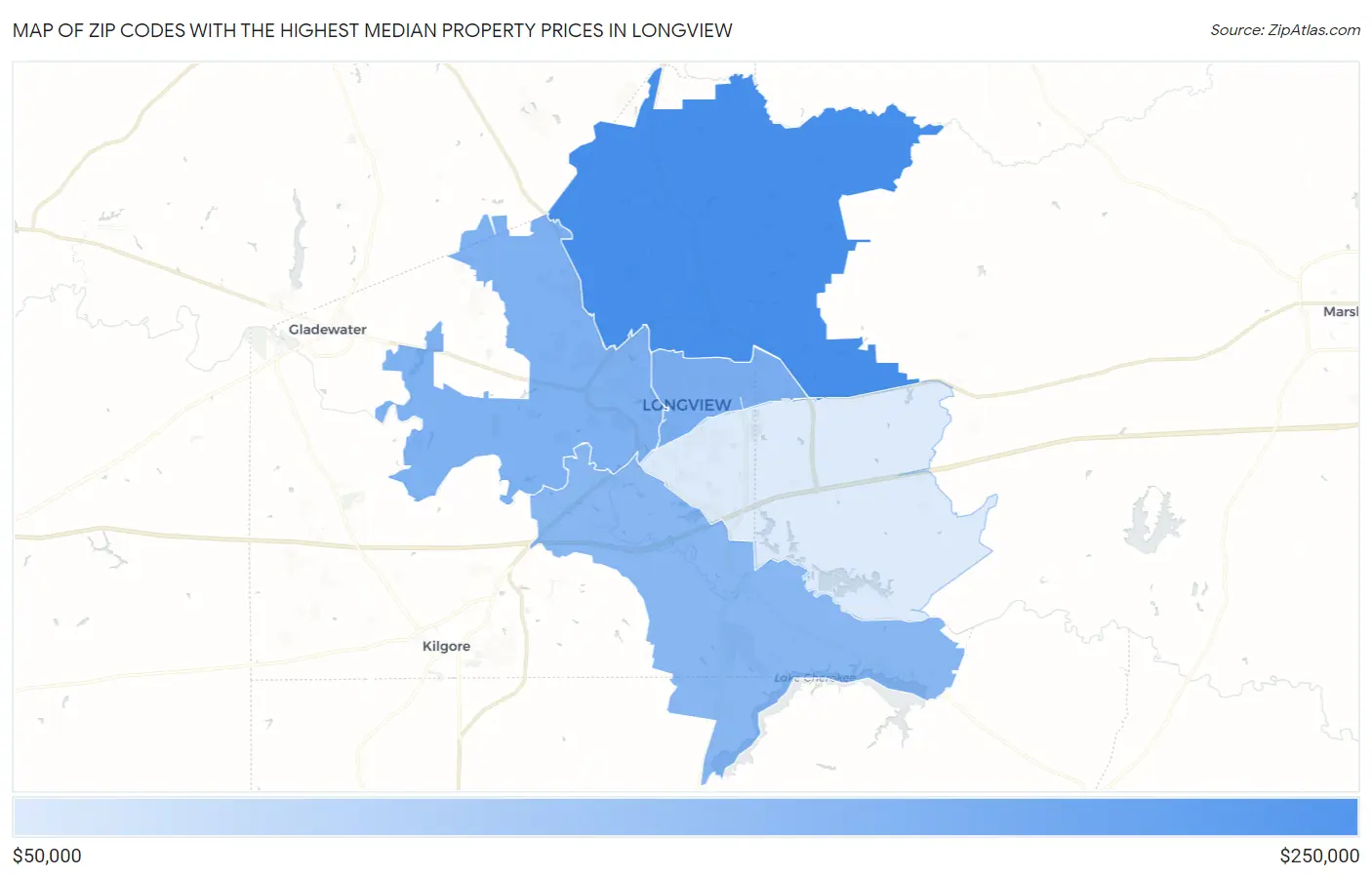 Zip Codes with the Highest Median Property Prices in Longview Map