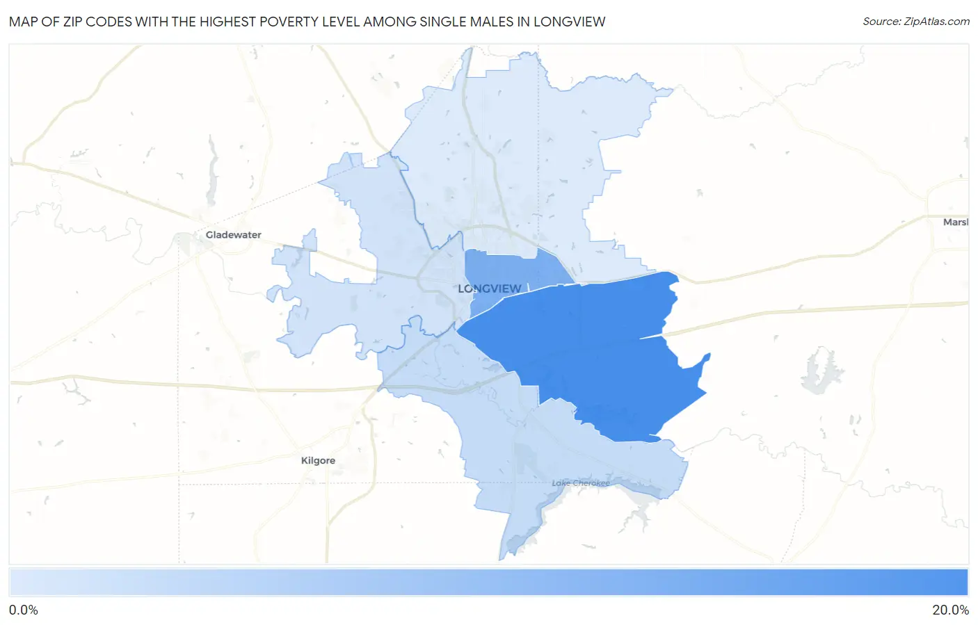 Zip Codes with the Highest Poverty Level Among Single Males in Longview Map