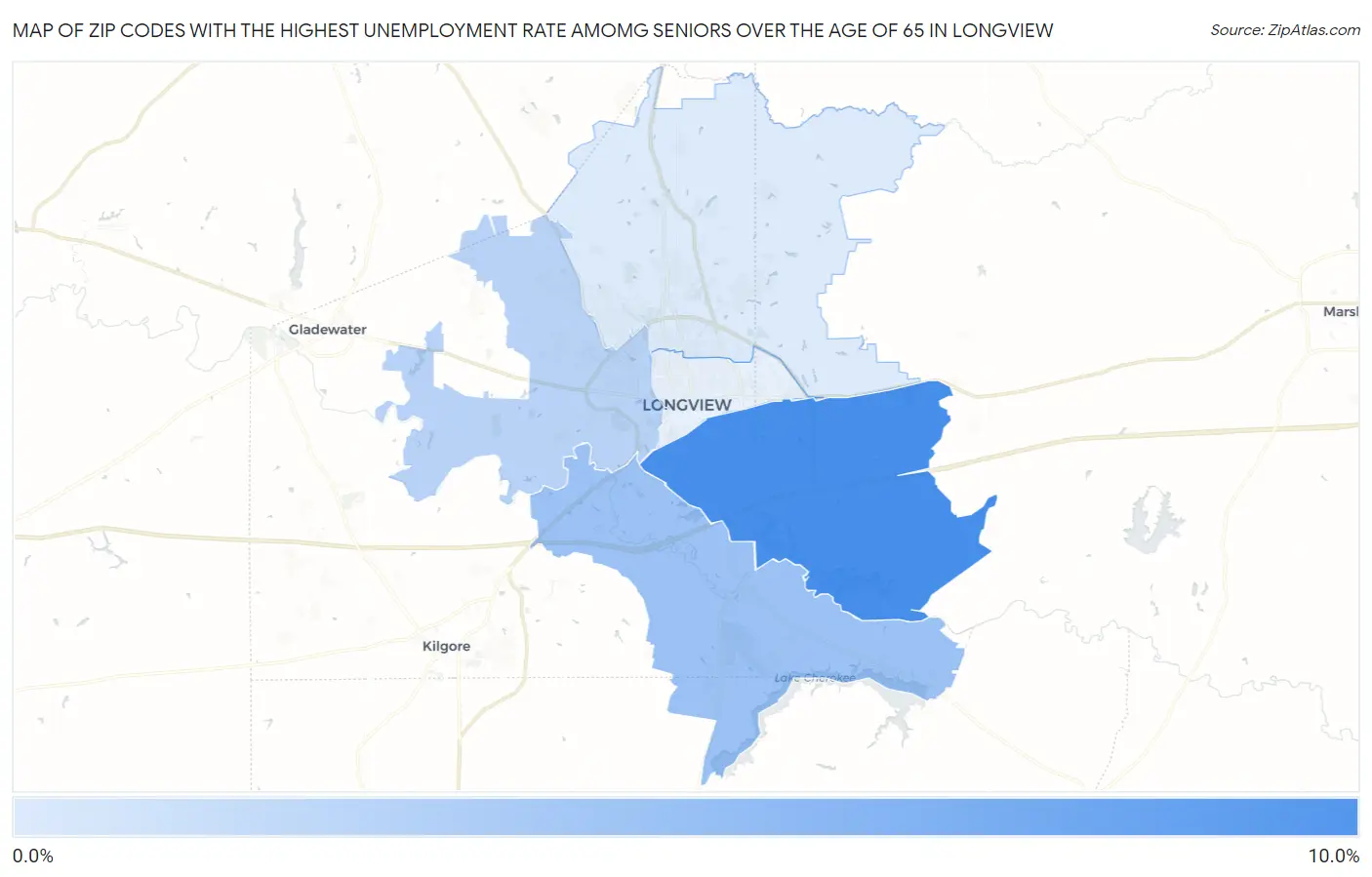 Zip Codes with the Highest Unemployment Rate Amomg Seniors Over the Age of 65 in Longview Map