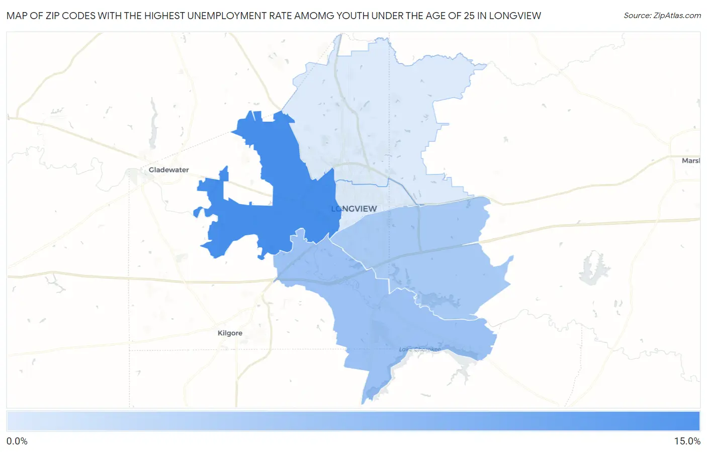 Zip Codes with the Highest Unemployment Rate Amomg Youth Under the Age of 25 in Longview Map