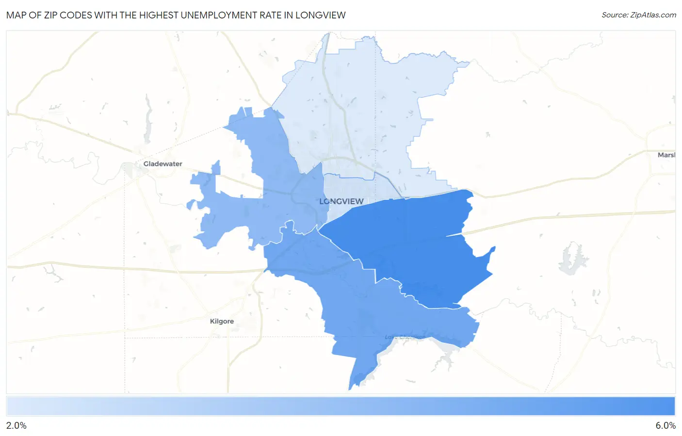 Zip Codes with the Highest Unemployment Rate in Longview Map