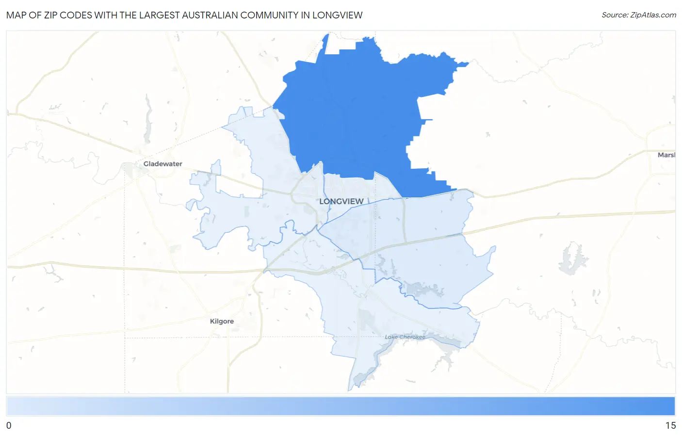 Zip Codes with the Largest Australian Community in Longview Map