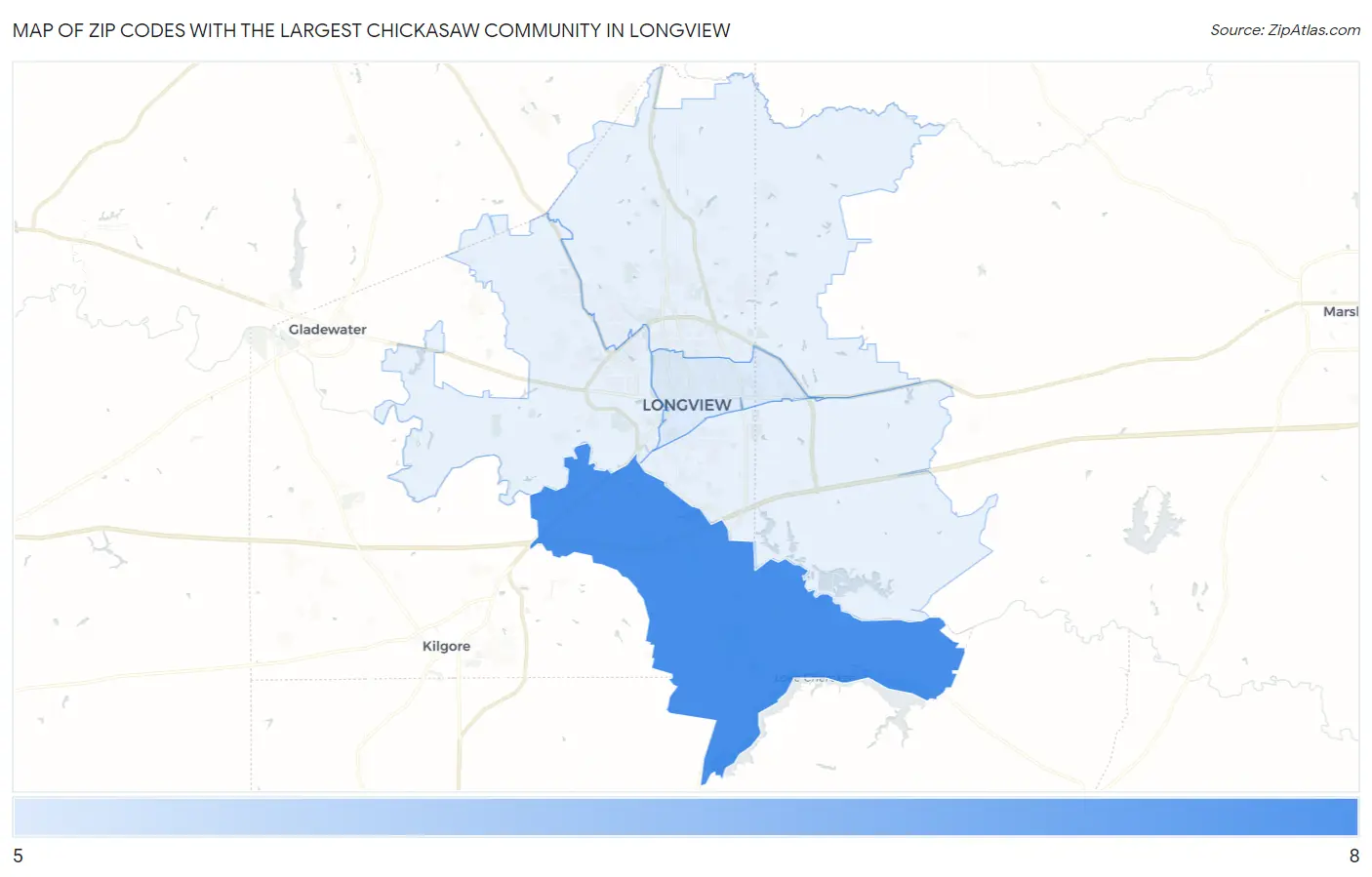 Zip Codes with the Largest Chickasaw Community in Longview Map