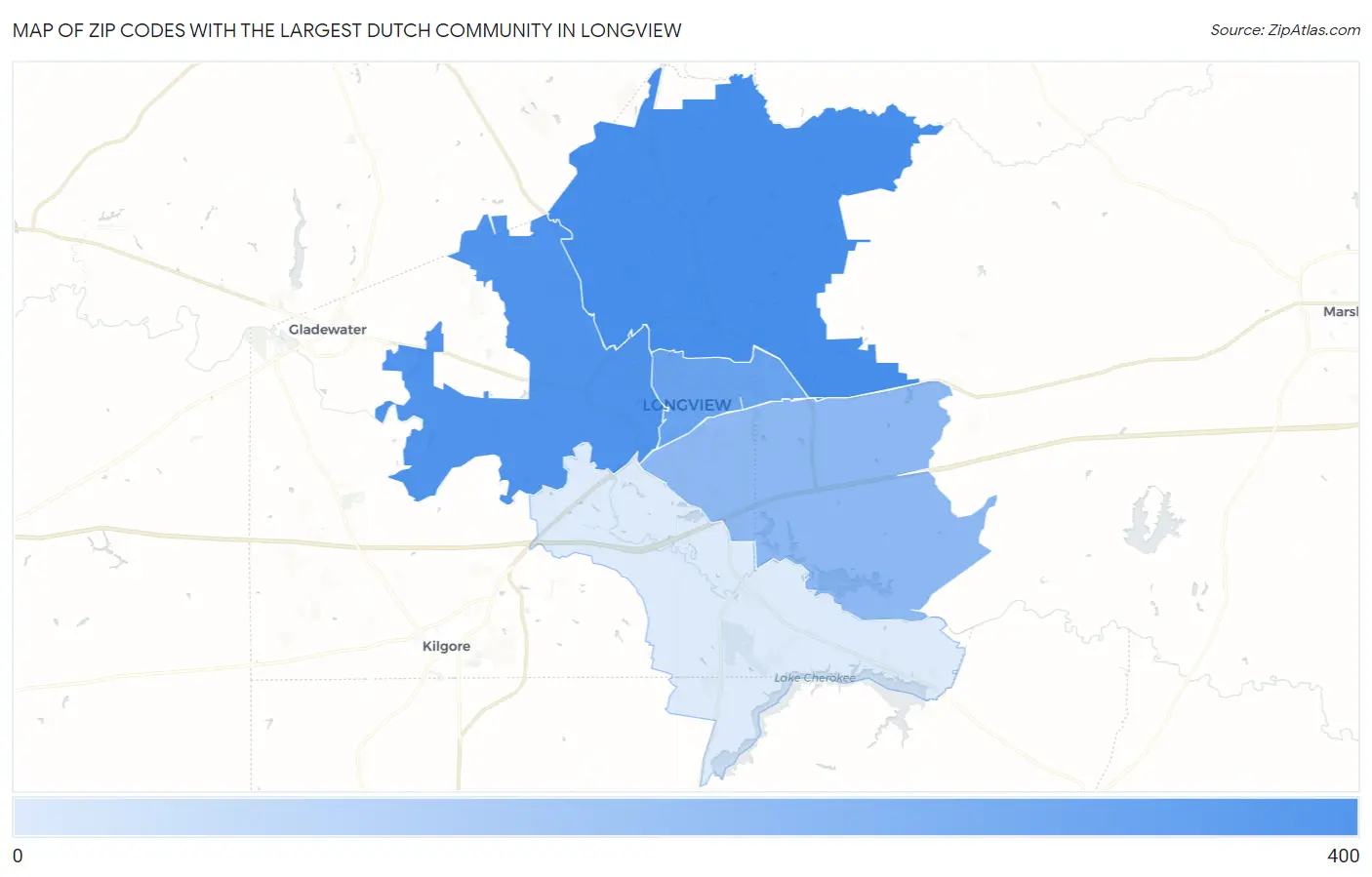 Zip Codes with the Largest Dutch Community in Longview Map