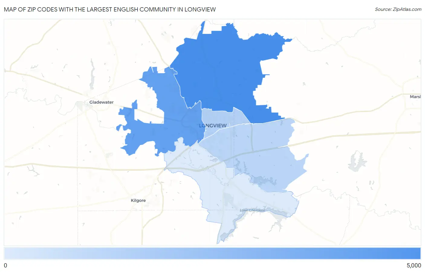 Zip Codes with the Largest English Community in Longview Map