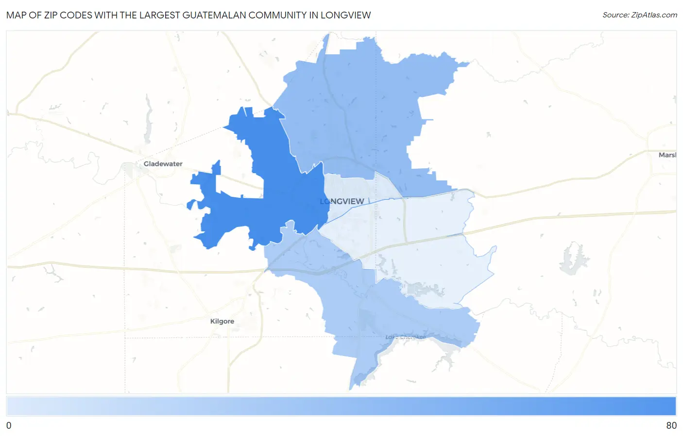 Zip Codes with the Largest Guatemalan Community in Longview Map