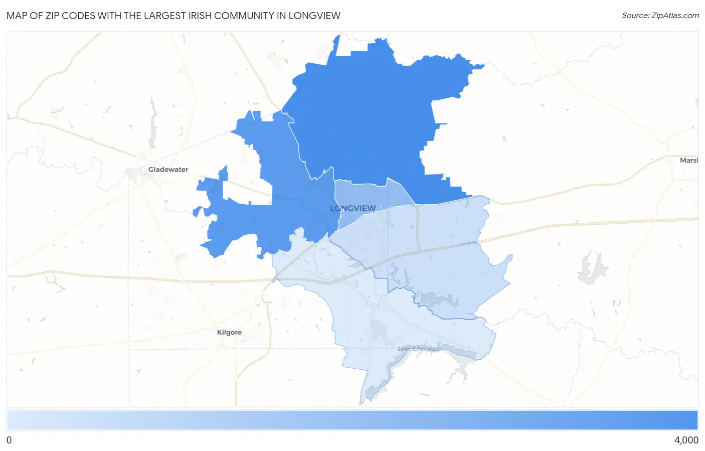 Zip Codes with the Largest Irish Community in Longview Map
