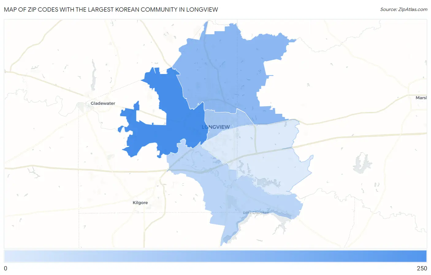 Zip Codes with the Largest Korean Community in Longview Map