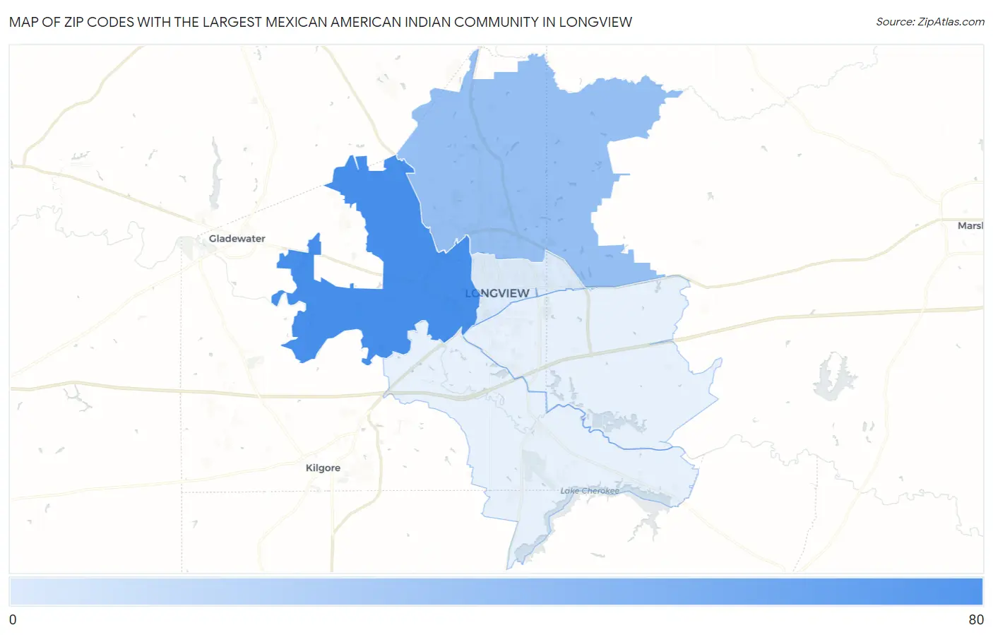 Zip Codes with the Largest Mexican American Indian Community in Longview Map