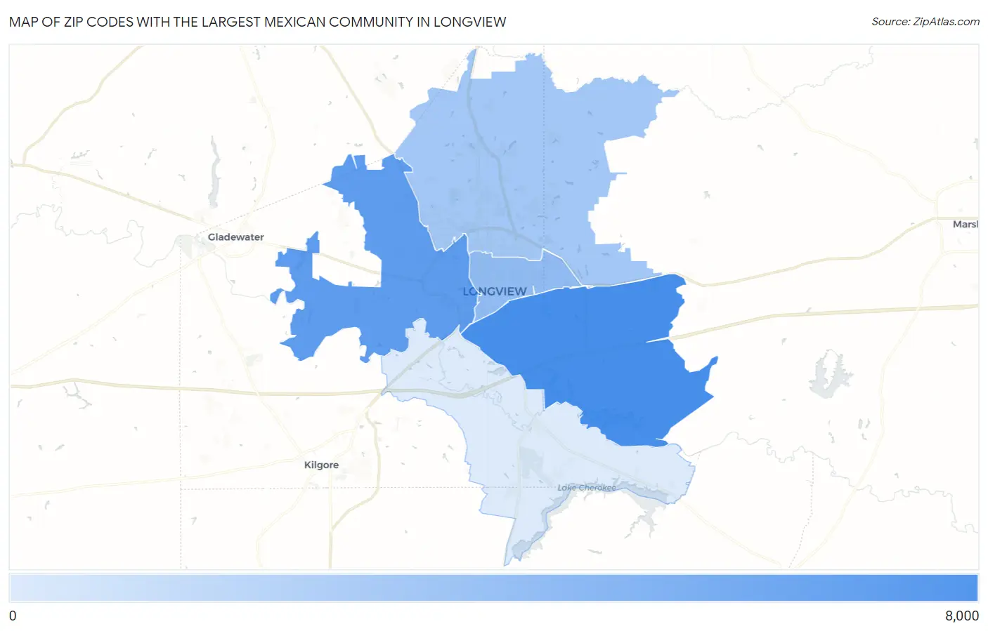 Zip Codes with the Largest Mexican Community in Longview Map