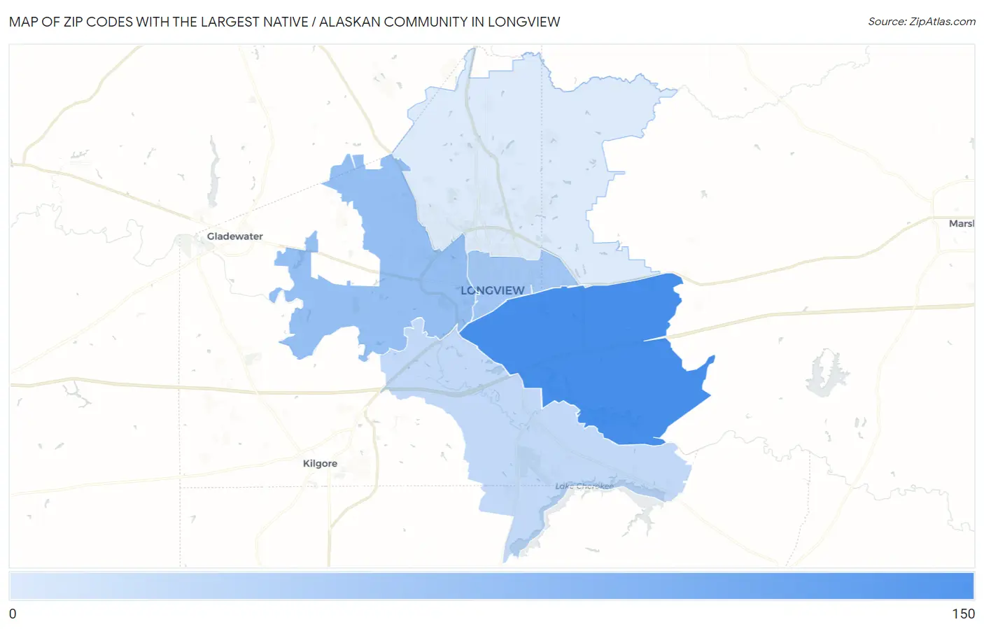 Zip Codes with the Largest Native / Alaskan Community in Longview Map