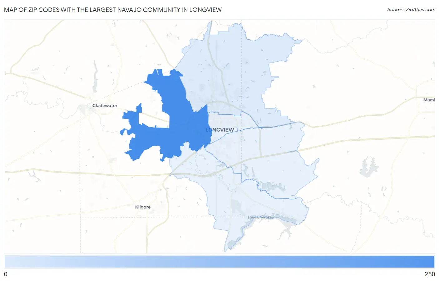 Zip Codes with the Largest Navajo Community in Longview Map