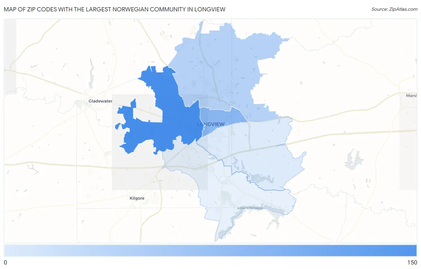 Zip Codes with the Largest Norwegian Community in Longview Map
