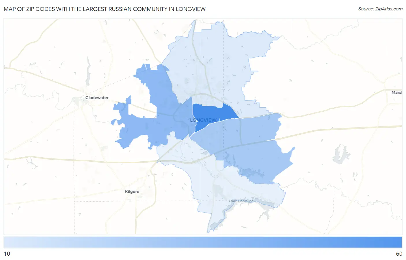 Zip Codes with the Largest Russian Community in Longview Map