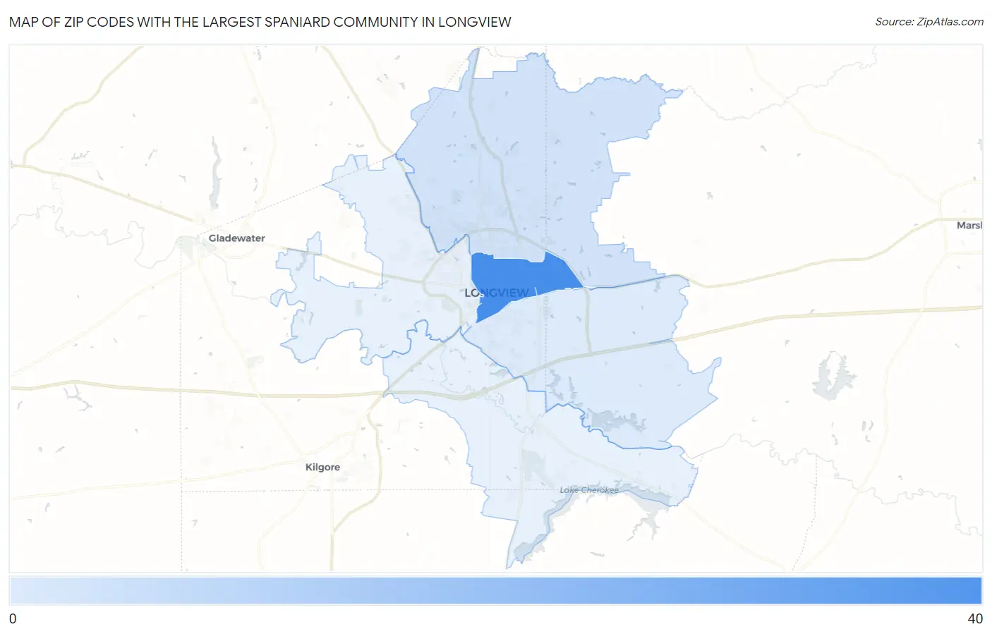 Zip Codes with the Largest Spaniard Community in Longview Map