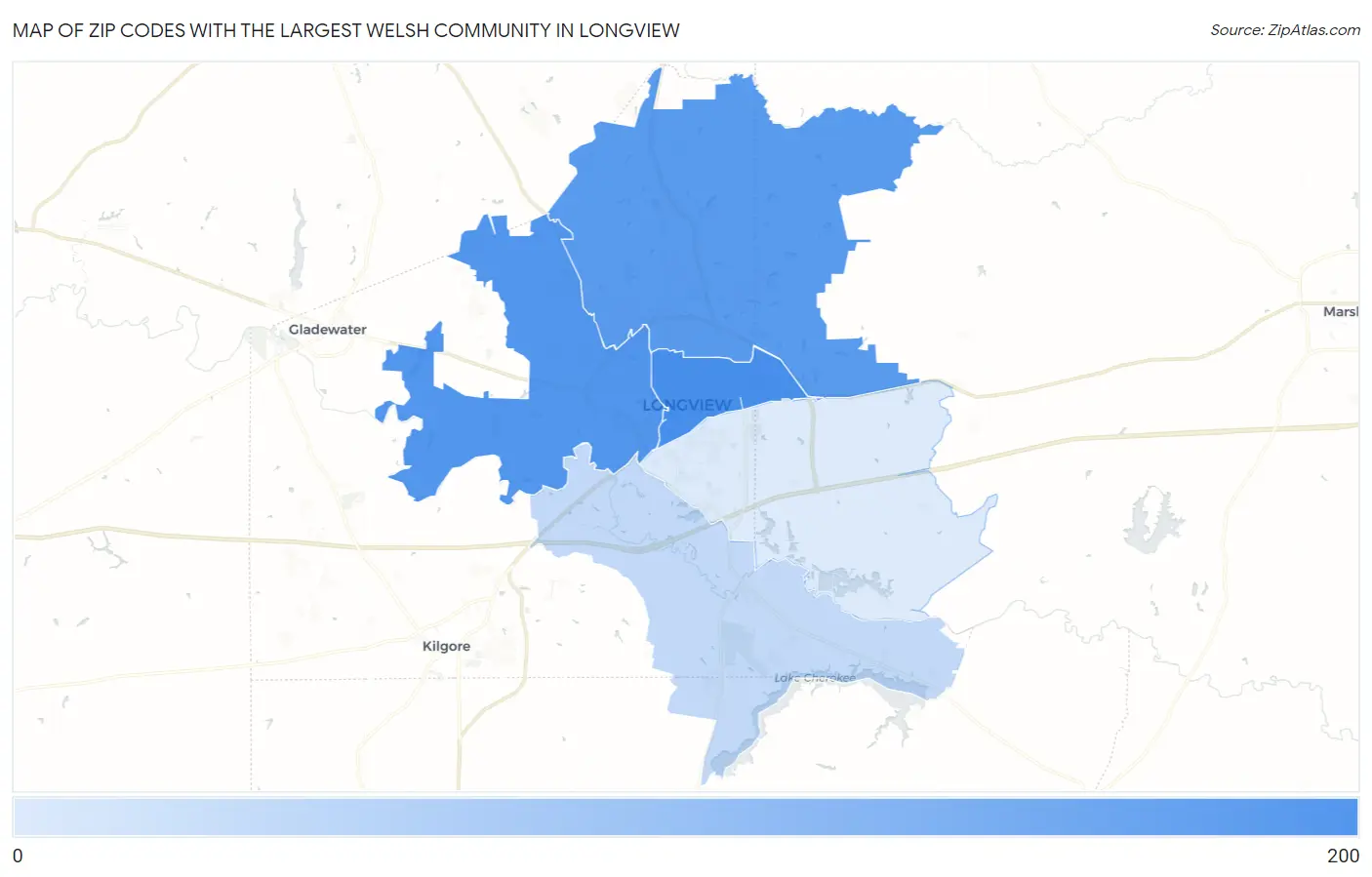 Zip Codes with the Largest Welsh Community in Longview Map