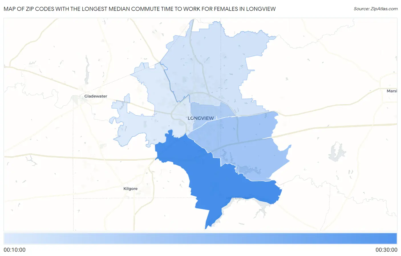 Zip Codes with the Longest Median Commute Time to Work for Females in Longview Map