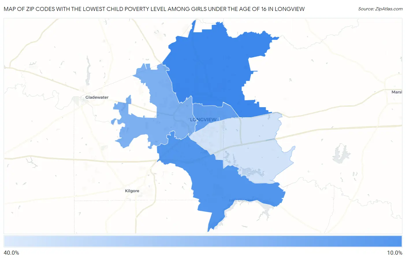 Zip Codes with the Lowest Child Poverty Level Among Girls Under the Age of 16 in Longview Map