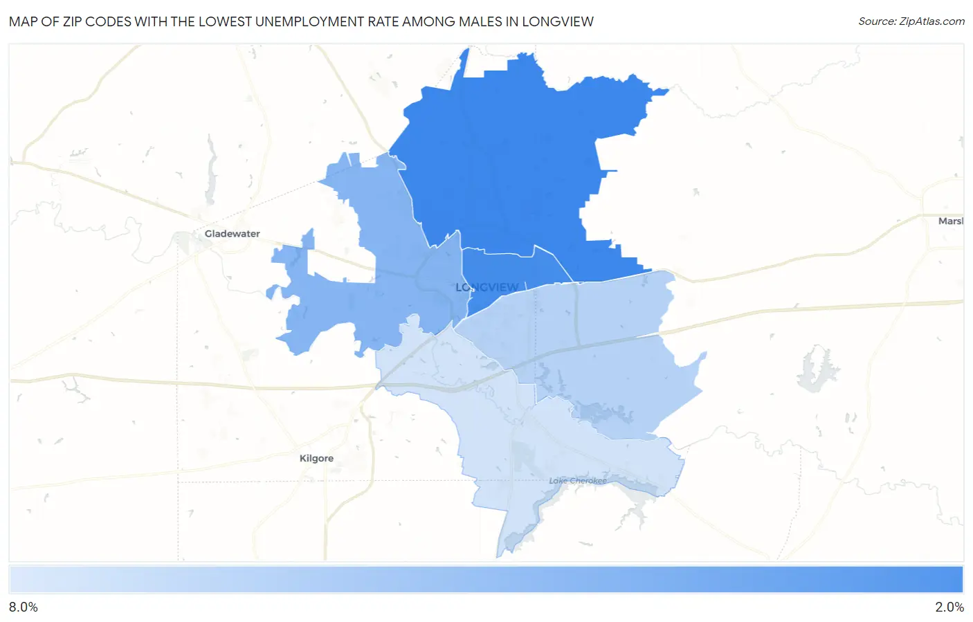 Zip Codes with the Lowest Unemployment Rate Among Males in Longview Map