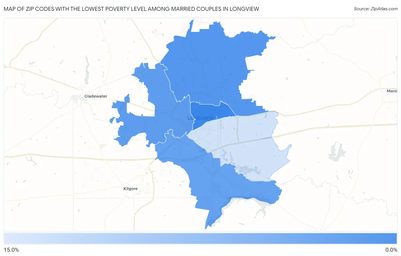 Zip Codes with the Lowest Poverty Level Among Married Couples in Longview Map