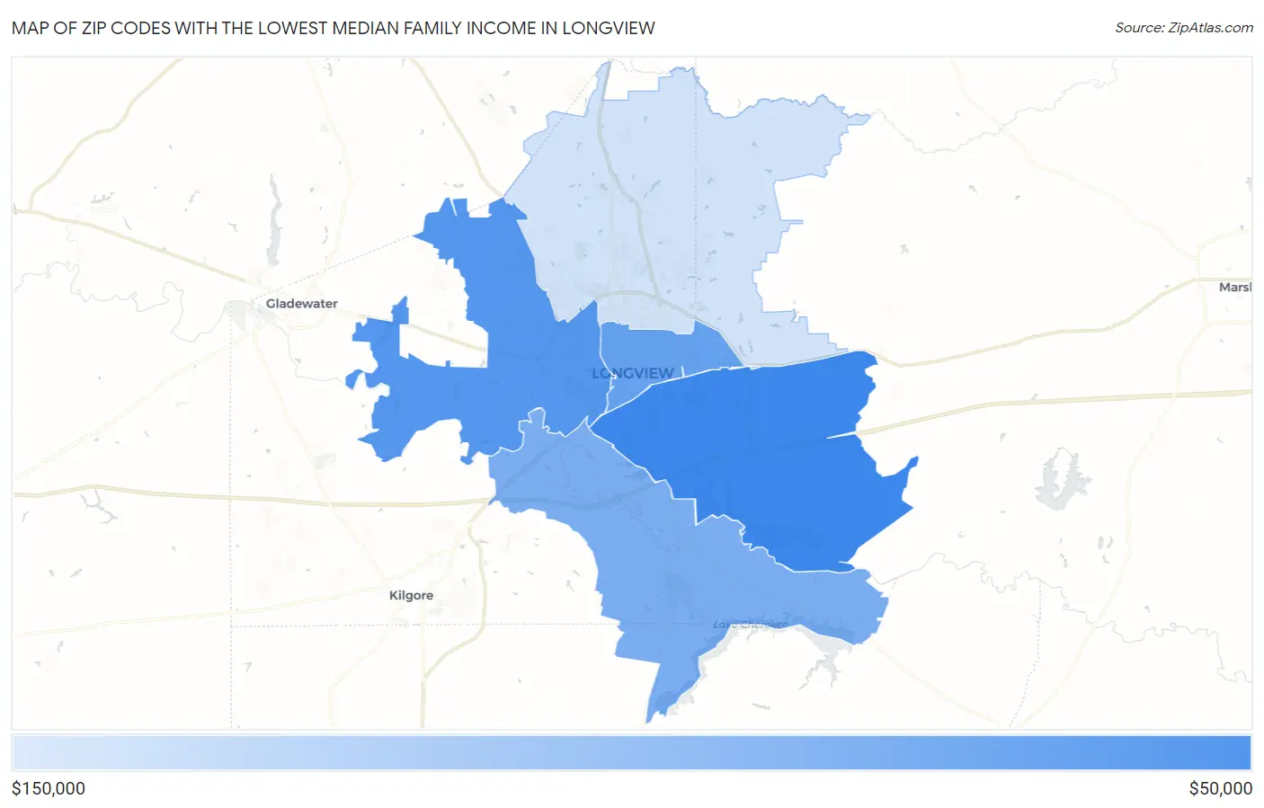 Zip Codes with the Lowest Median Family Income in Longview Map