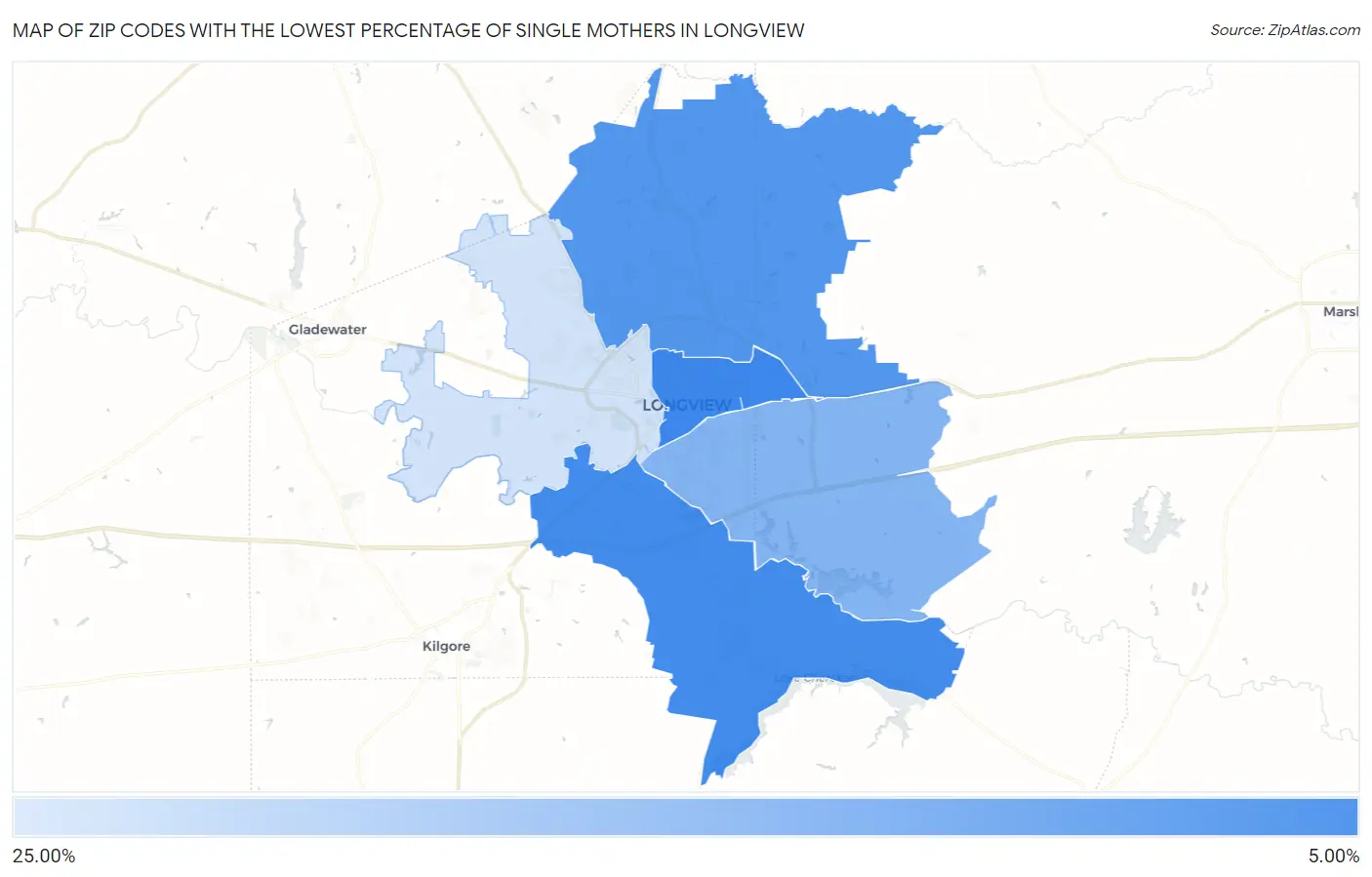 Zip Codes with the Lowest Percentage of Single Mothers in Longview Map