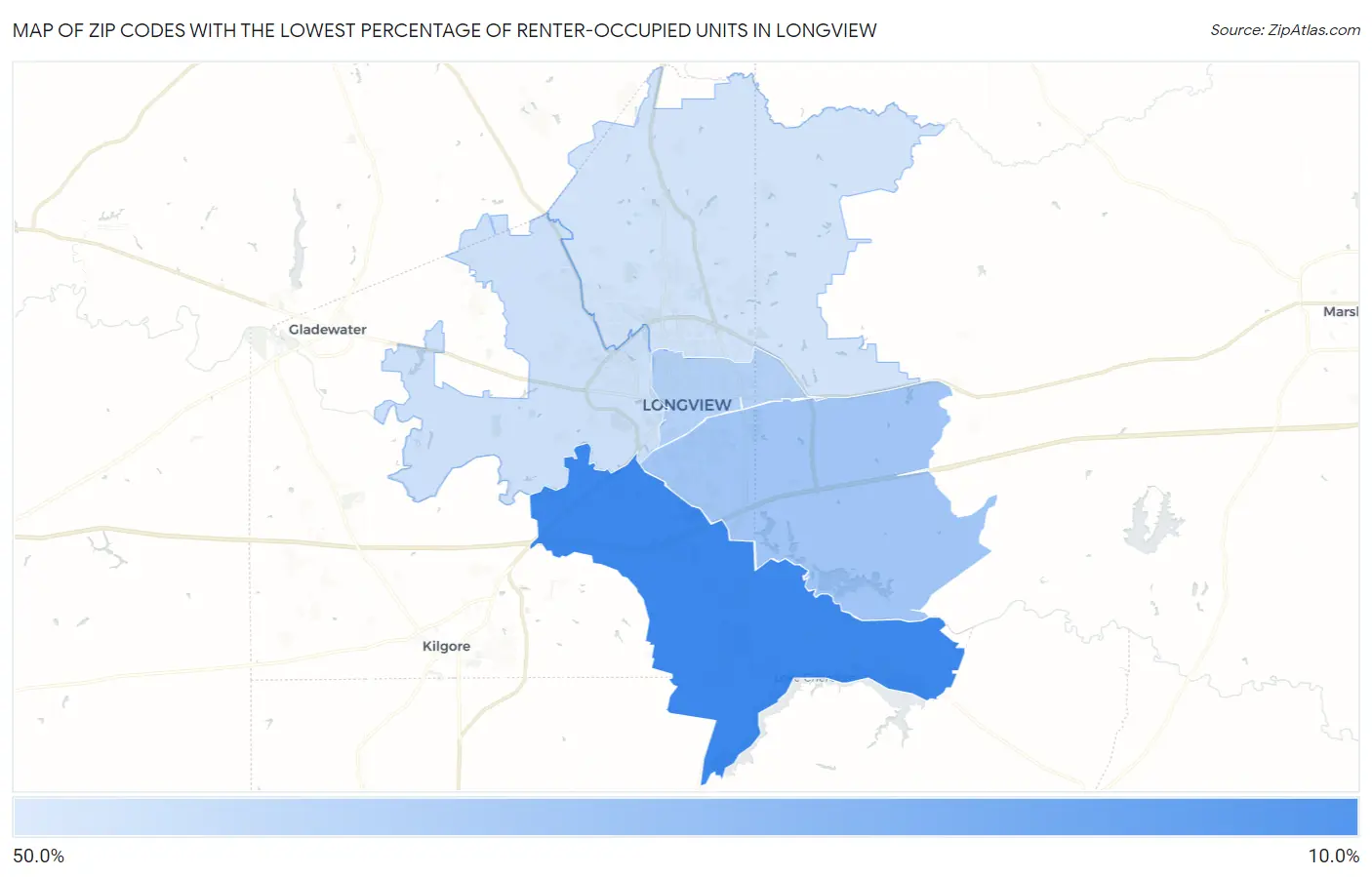Zip Codes with the Lowest Percentage of Renter-Occupied Units in Longview Map