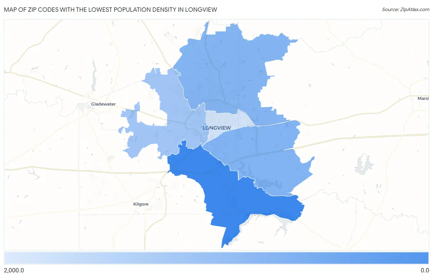 Zip Codes with the Lowest Population Density in Longview Map