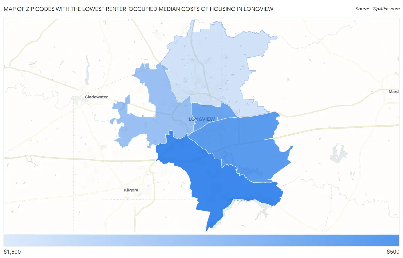 Zip Codes with the Lowest Renter-Occupied Median Costs of Housing in Longview Map